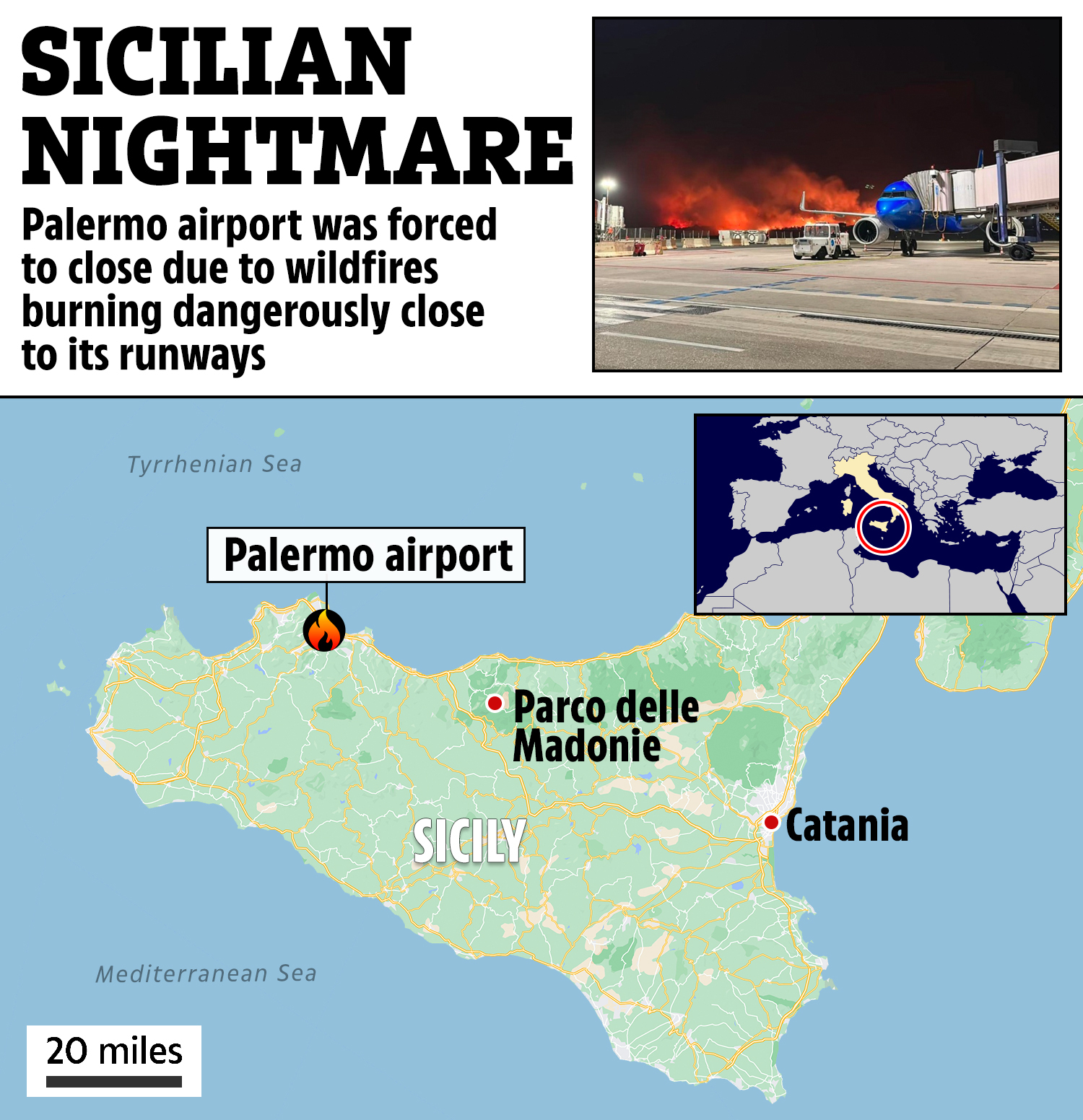 Ubicaciones y mapa de incendios en Sicilia