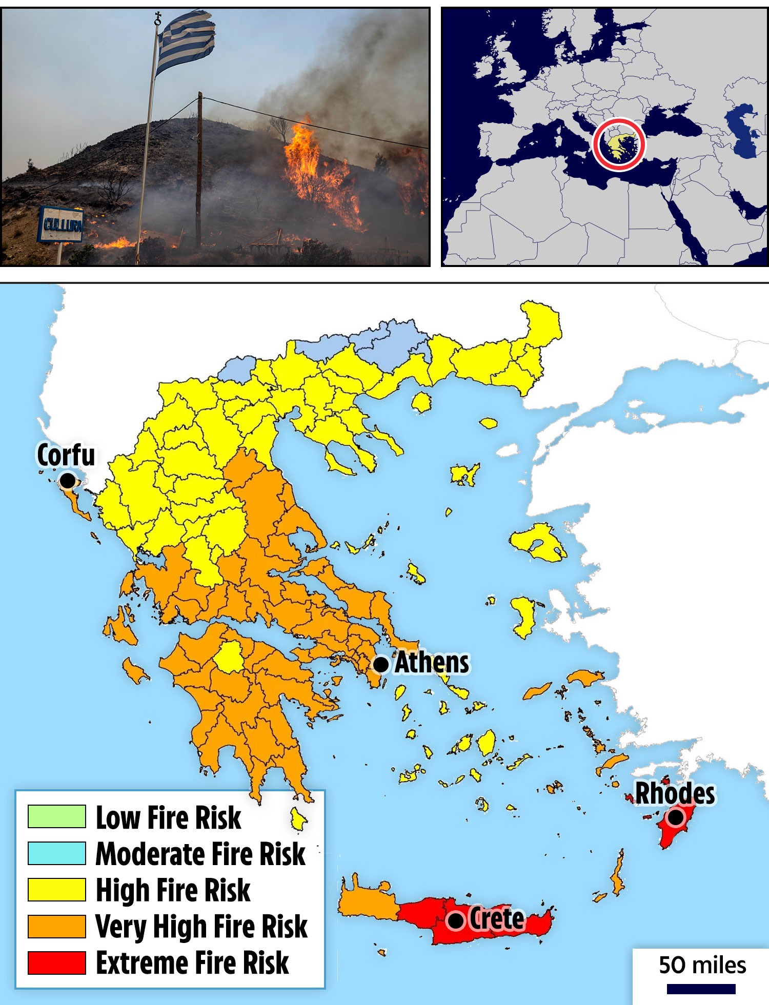 Un mapa de advertencias de incendios forestales en Grecia y las Islas Jónicas